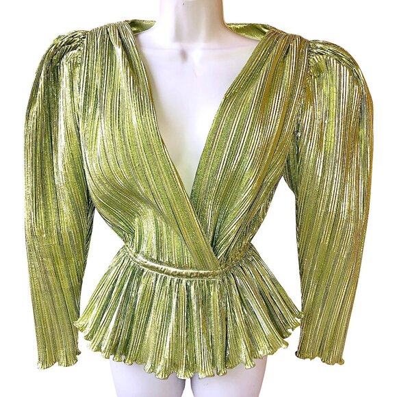 Vintage 80's Metallic Peridot Accordian Pleats Evening Blouse Belt Flower - Picture 9 of 14